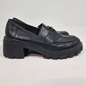 Cushionaire Platform Black Faux Leather Chunky Lug Sole Loafers Women 8M Comfort